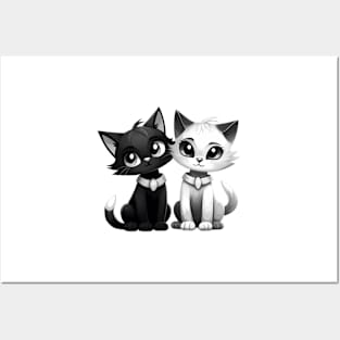 Cute Black and White Cartoon Kittens Posters and Art